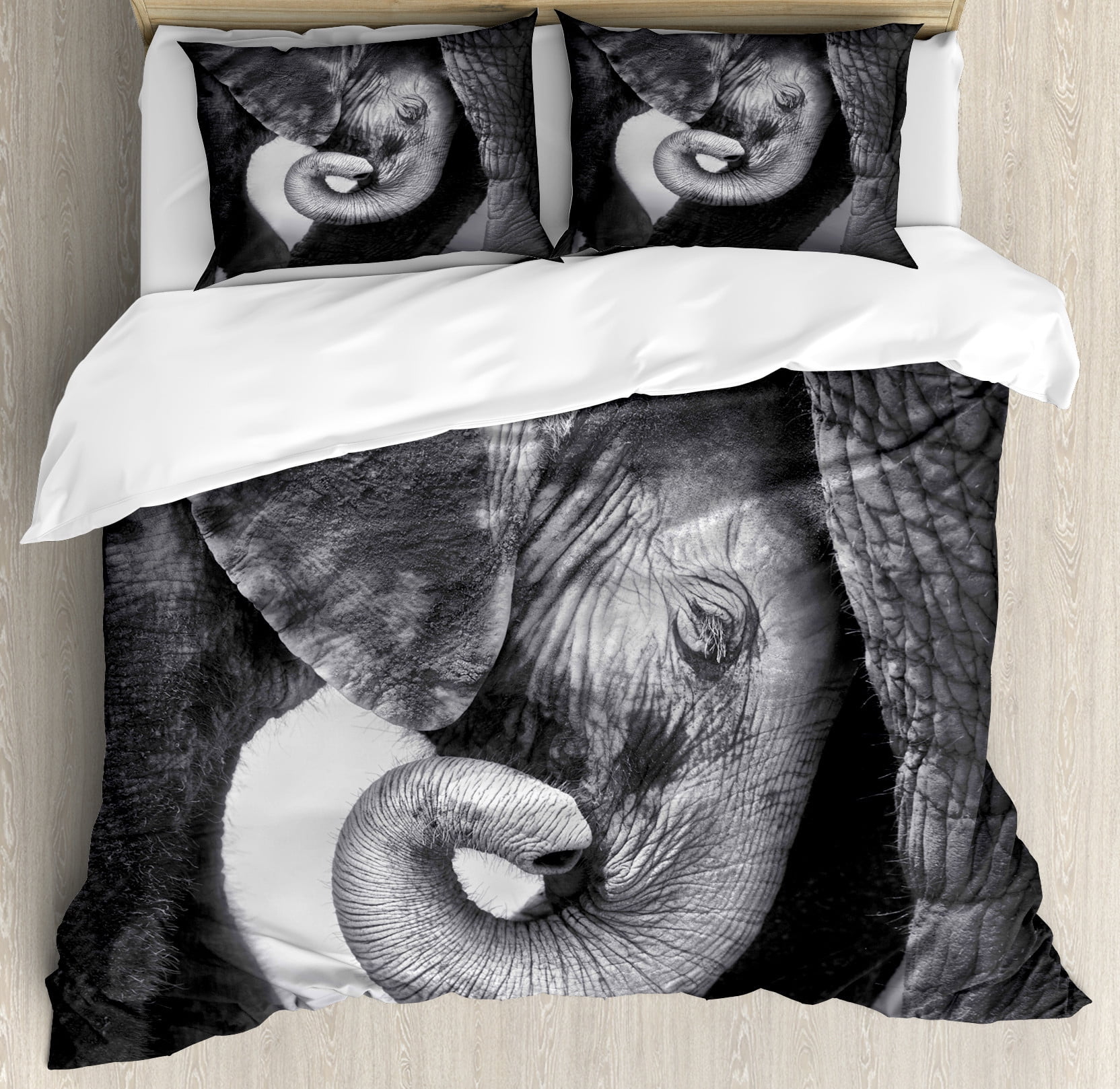 Charcoal Grey Elephant Art Queen Duvet Cover Set