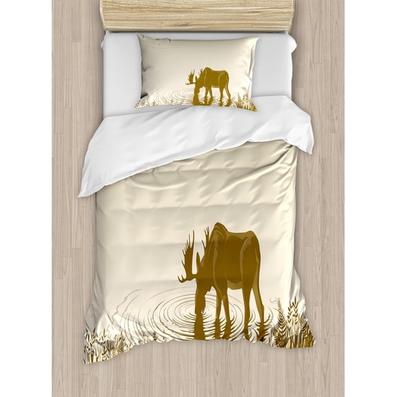 Animal Duvet Cover Set, Silhouette of Elk Drinking Water in Lake River Forest Wildlife Scenery Illustration, Decorative 2 Piece Bedding Set with 1 Pillow Shams, Twin Size, Cream Sepia, by Ambesonne