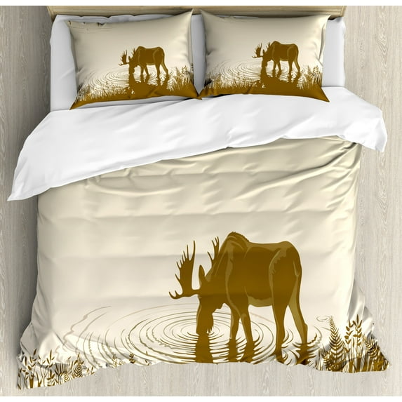 Animal Duvet Cover Set, Silhouette of Elk Drinking Water in Lake River Forest Wildlife Scenery Illustration, Decorative 3 Piece Bedding Set with 2 Pillow Shams, King Size, Cream Sepia, by Ambesonne