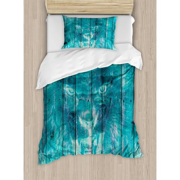 Animal Duvet Cover Set, Silhouette of a King Lion Tiger on Wooden Oak Planks Hippie Style Retro Image Print, Decorative 2 Piece Bedding Set with 1 Pillow Shams, Twin Size, Cadet Blue, by Ambesonne