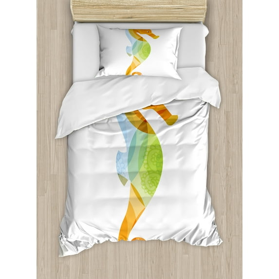 Animal Duvet Cover Set, Silhouette of Sea Creature with Coral Reef Patterns Inside Aquarium Print, Decorative 2 Piece Bedding Set with 1 Pillow Shams, Twin Size, Orange Green, by Ambesonne