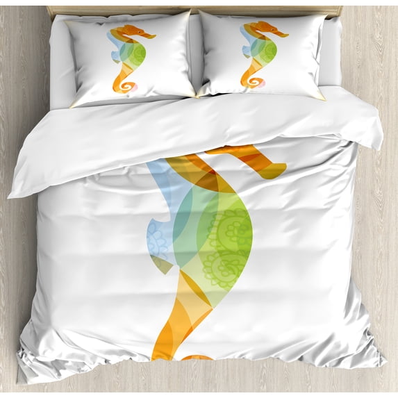 Animal Duvet Cover Set, Silhouette of Sea Creature with Coral Reef Patterns Inside Aquarium Print, Decorative 3 Piece Bedding Set with 2 Pillow Shams, King Size, Orange Green, by Ambesonne