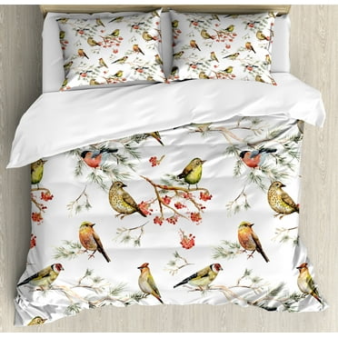 Animal Duvet Cover Set, Sparrows Birds Leaves Branches Pine Trees Watercolor Image Art, Decorative 3 Piece Bedding Set with 2 Pillow Shams, Calking Size, Multicolor, by Ambesonne