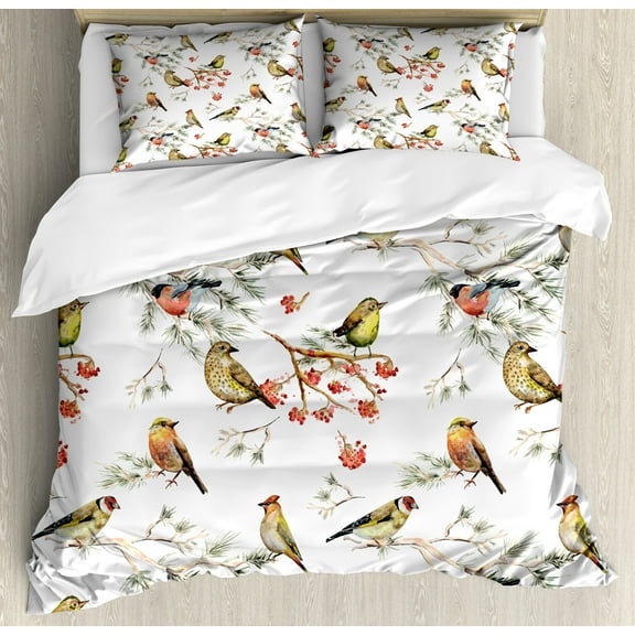 Animal Duvet Cover Set, Sparrows Birds Leaves Branches Pine Trees Watercolor Image Art, Decorative 3 Piece Bedding Set with 2 Pillow Shams, Queen Size, Multicolor, by Ambesonne