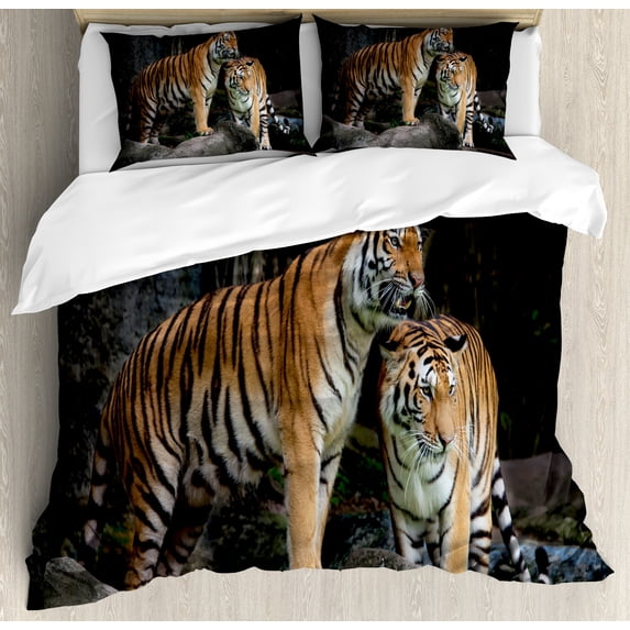 Animal Duvet Cover Set, Tiger Couple in the Jungle on Big Rocks Image Wild Cats in Nature Image Print, Decorative 3 Piece Bedding Set with 2 Pillow Shams, Queen Size, Grey and Ginger, by Ambesonne