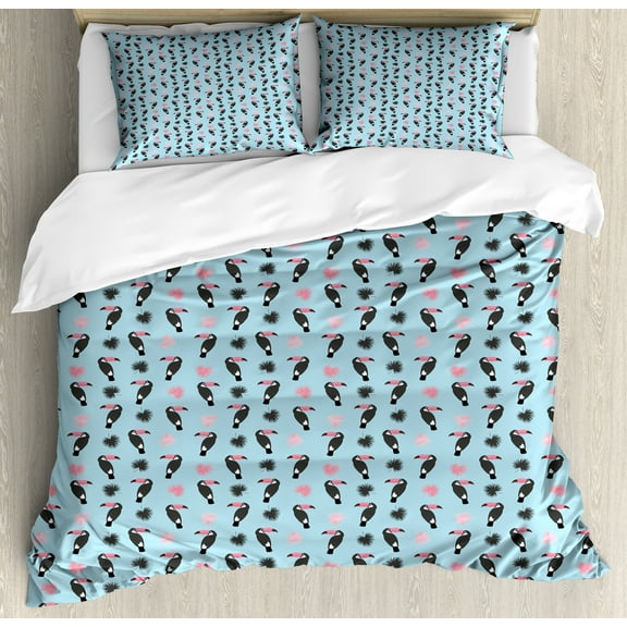 Animal Duvet Cover Set, Tropical Toucan Birds Repetitive Pattern Simplistic Birds, Decorative 3 Piece Bedding Set with 2 Pillow Shams, Calking Size, Pale Blue Rose, by Ambesonne