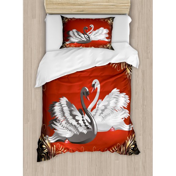 Animal Duvet Cover Set Twin Size, Black and White Swan Couple Ornamental Framework Romance Grace Tenderness Purity, Decorative 2 Piece Bedding Set with 1 Pillow Sham, Multicolor, by Ambesonne
