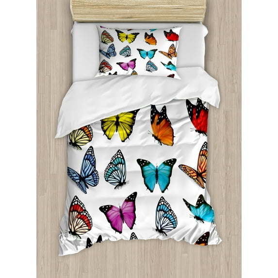 Animal Duvet Cover Set Twin Size, Colorful Butterflies Flying Artistic Composition Summertime Seasonal Animals Print, Decorative 2 Piece Bedding Set with 1 Pillow Sham, Multicolor, by Ambesonne