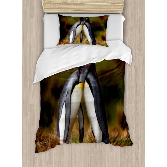 Animal Duvet Cover Set Twin Size, Penguin Couple Cuddling in Wild Nature Love Affection Romance Falkland Islands Fauna, Decorative 2 Piece Bedding Set with 1 Pillow Sham, Multicolor, by Ambesonne