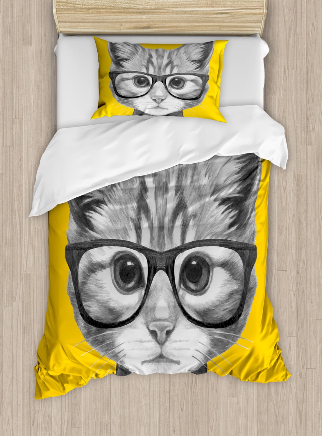 Twin Yellow Cat Print Microfiber Duvet Cover Set