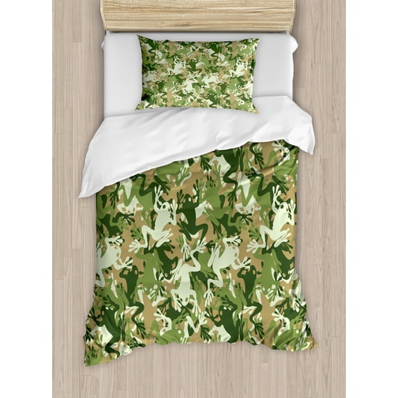 Animal Duvet Cover Set Twin Size, Skull Camouflage Design with Various Frog Pattern Different Tones Art Print, Decorative 2 Piece Bedding Set with 1 Pillow Sham, Sage Pine Green, by Ambesonne