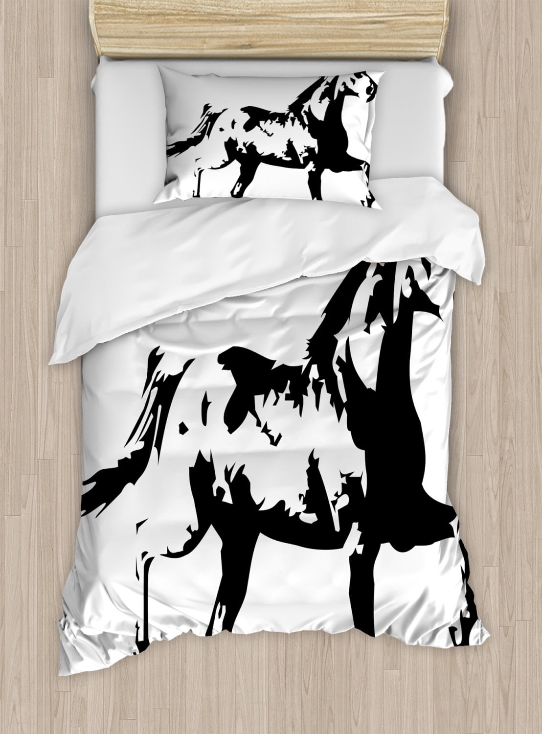 Twin Black and White Horse Silhouette Duvet Cover Set