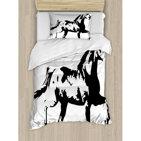 Animal Duvet Cover Set Twin Size, Animal Theme A Running Horse Silhouette Illustration in Monochromatic Style, Decorative 2 Piece Bedding Set with 1 Pillow Sham, Black and White, by Ambesonne