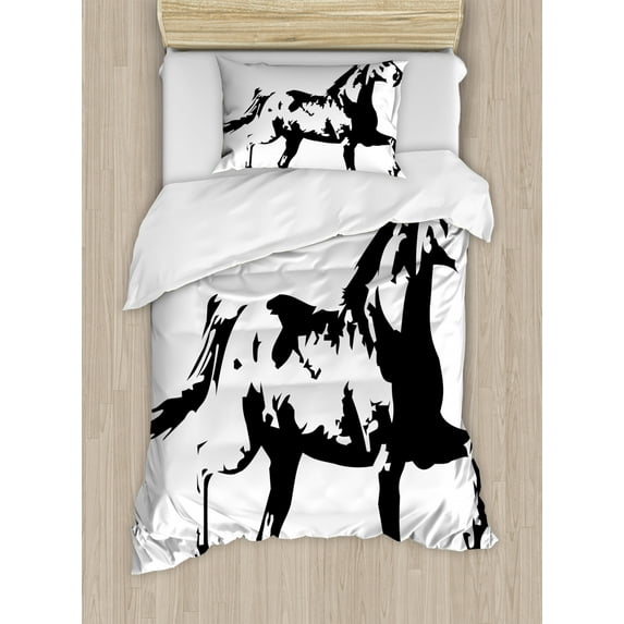 Animal Duvet Cover Set Twin Size, Animal Theme A Running Horse Silhouette Illustration in Monochromatic Style, Decorative 2 Piece Bedding Set with 1 Pillow Sham, Black and White, by Ambesonne