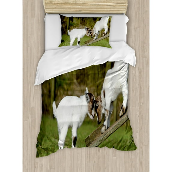 Animal Duvet Cover Set Twin Size, Two Cute Little Baby Goats on a Bench with Their Horns Picture Image Design, Decorative 2 Piece Bedding Set with 1 Pillow Sham, White and Green, by Ambesonne