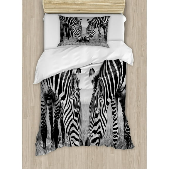 Animal Duvet Cover Set Twin Size, Zebras African Wildlife Burchell Safari Theme National Park Monochrome Picture, Decorative 2 Piece Bedding Set with 1 Pillow Sham, Black White, by Ambesonne