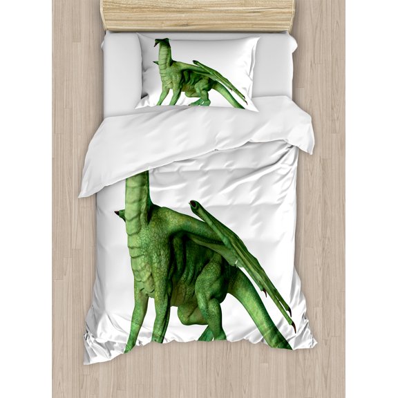 Animal Duvet Cover Set, Ugly but Dragon Standing and Looking Miniature Dino Like Image Art Print, Decorative 2 Piece Bedding Set with 1 Pillow Shams, Twin Size, White Green, by Ambesonne
