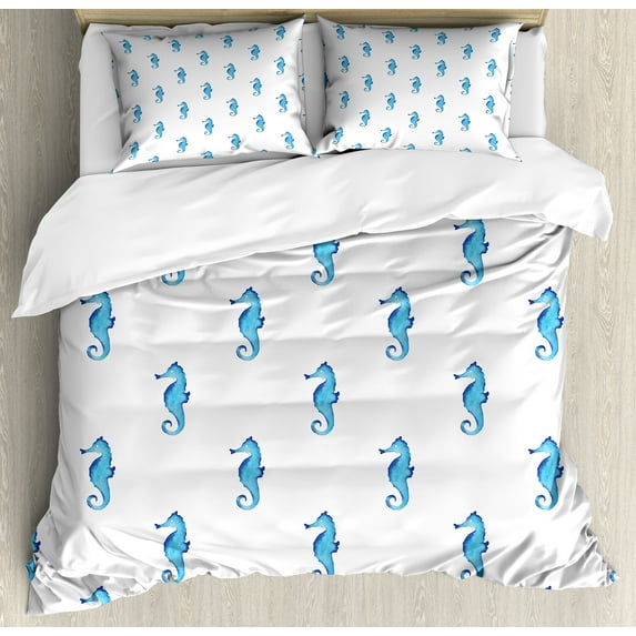 Animal Duvet Cover Set, Unusual Equine Shaped Fish Motif in Simple Featured Backdrop Cottage Cabin, Decorative 3 Piece Bedding Set with 2 Pillow Shams, Queen Size, Turquoise White, by Ambesonne