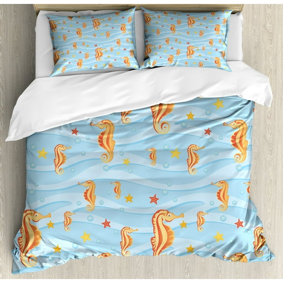 Animal Duvet Cover Set, Water Bubbles on the Surface with Seahorse and Sea Star in Waves Coast Tropical, Decorative 3 Piece Bedding Set with 2 Pillow Shams, Calking Size, Orange Blue, by Ambesonne