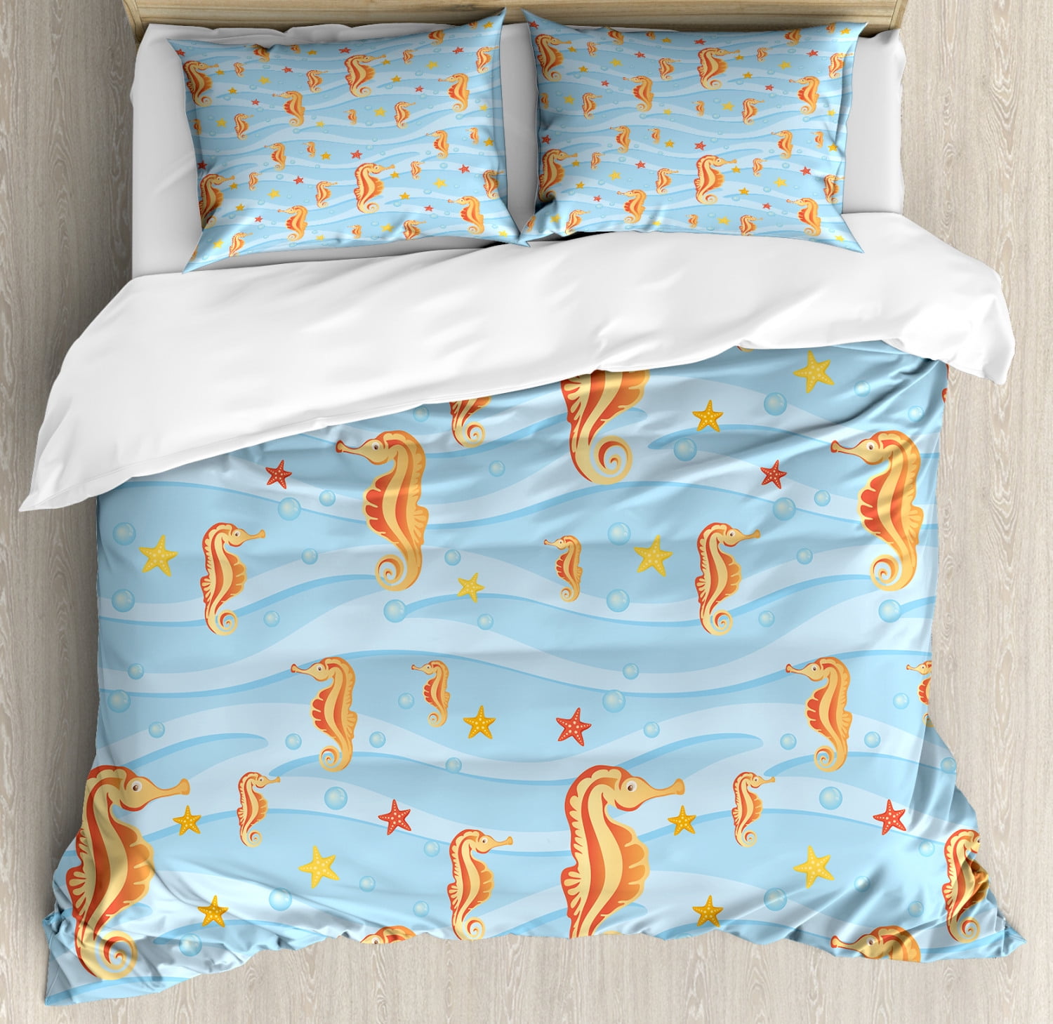 Orange Blue Queen Kids' Seahorse Duvet Cover Set