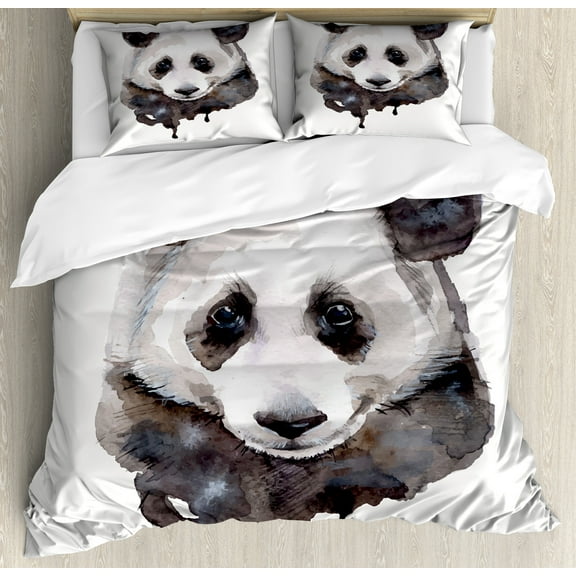 Animal Duvet Cover Set, Watercolor Panda Bear Wildlife Zoo Theme Art Image, Decorative 3 Piece Bedding Set with 2 Pillow Shams, Calking Size, Beige White and Black, by Ambesonne