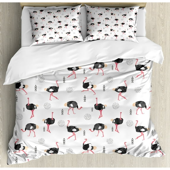 Animal Duvet Cover Set, Watercolor Style Repetitive Ostrich Silhouettes Hand Drawn Minimal Motifs, Decorative 3 Piece Bedding Set with 2 Pillow Shams, King Size, Pastel Pink Dark Grey, by Ambesonne