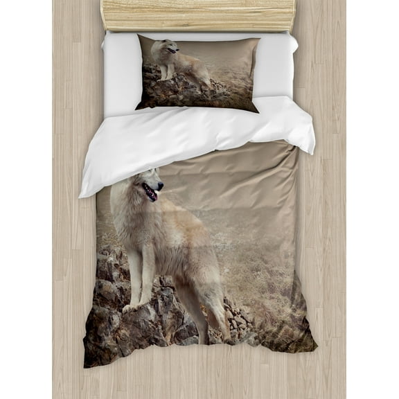 Animal Duvet Cover Set, White Wolf on Rocks at the Night Misty Weather Wildlife Nature Scenery Print, Decorative 2 Piece Bedding Set with 1 Pillow Shams, Twin Size, Warm Taupe, by Ambesonne