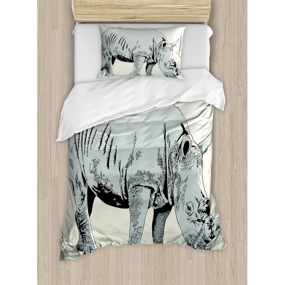 Animal Duvet Cover Set, Wild Animals Themed Creature Illustration Tropical Nature Savannah Art, Decorative 2 Piece Bedding Set with 1 Pillow Shams, Twin Size, Pale Green and Pale Blue, by Ambesonne