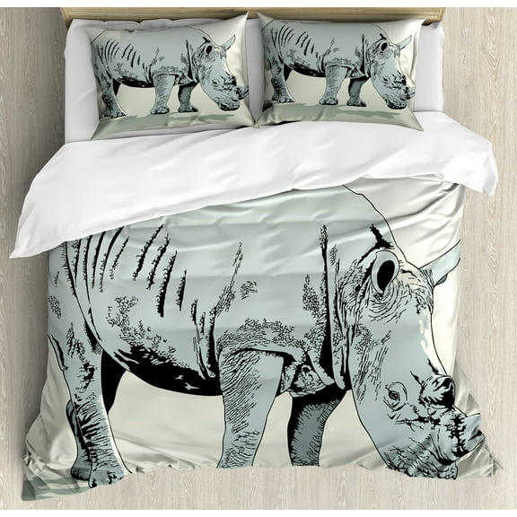 Animal Duvet Cover Set, Wild Animals Themed Creature Illustration Tropical Nature Savannah Art, Decorative 3 Piece Bedding Set with 2 Pillow Shams, Calking Size, Pale Green and Pale Blue, by Ambesonne