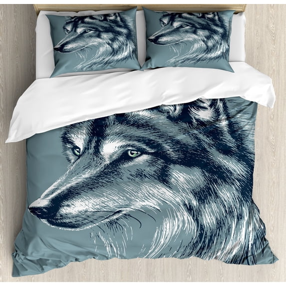 Animal Duvet Cover Set, Wild Timber Wolf Portrait Hunter Exotic Creature Mystery Mammal Hunter Graphic, Decorative 3 Piece Bedding Set with 2 Pillow Shams, Queen Size, Slate Blue, by Ambesonne