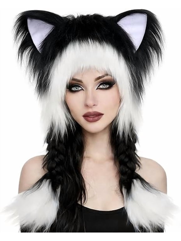 Animal Ear Hat with Braids - Soft Furry Cat Fox Ears Beanie for Women, Cute Cosplay Costume, Christmas Party, Festival Winter Hat, Kawaii Themed Accessory(XX)