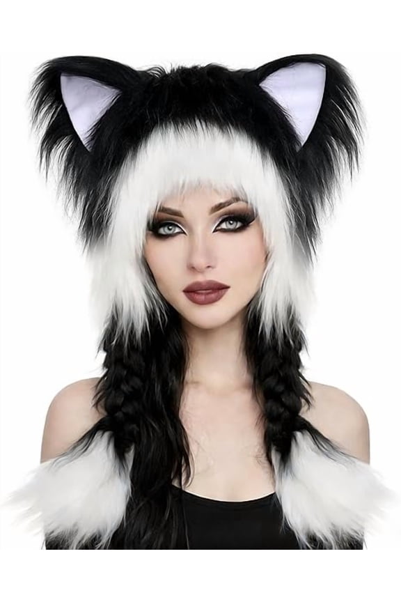 Animal Ear Hat with Braids - Soft Furry Cat Fox Ears Beanie for Women, Cute Cosplay Costume, Christmas Party, Festival Winter Hat, Kawaii Themed Accessory(XX)