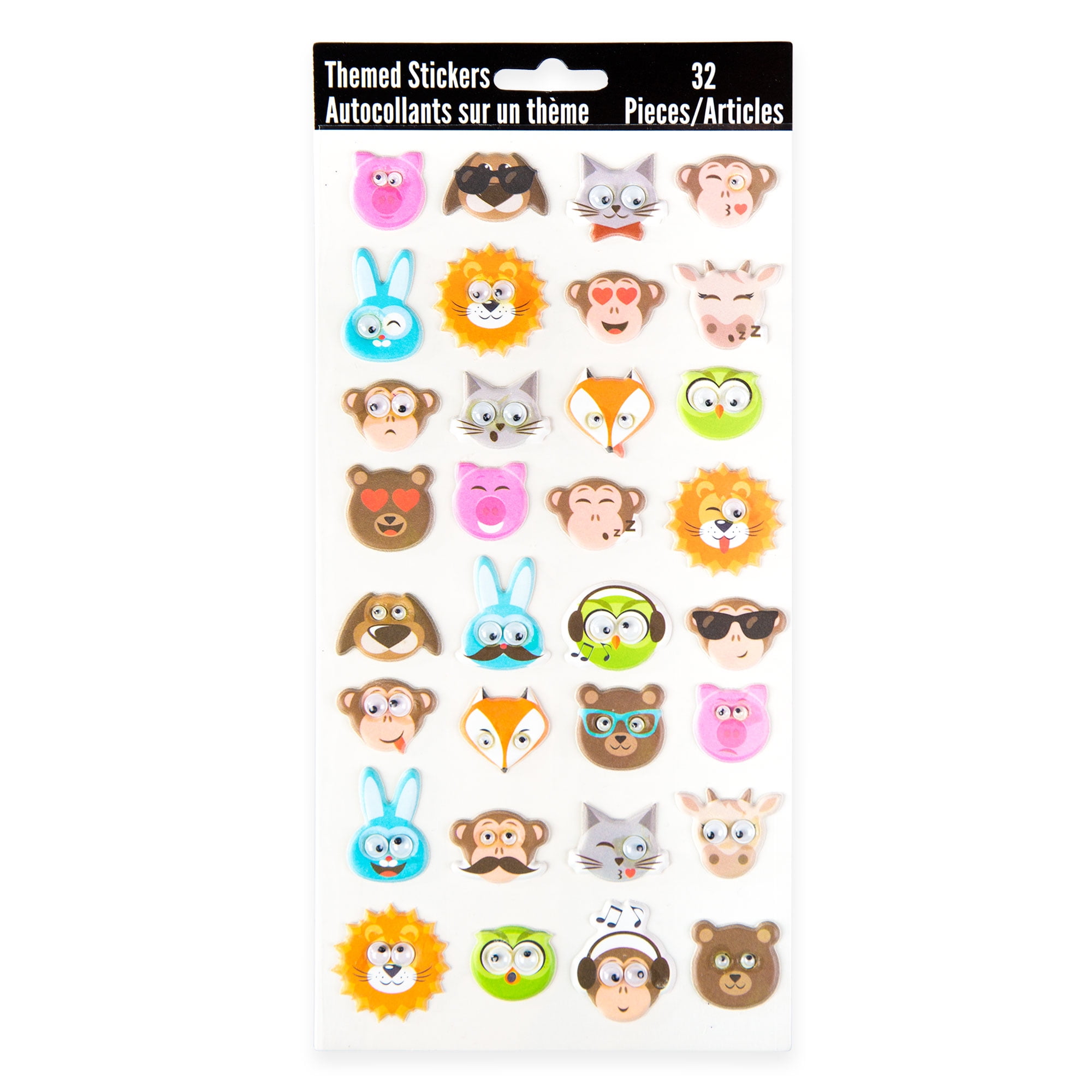 Animal Emoji Puffy Multicolored Stickers with Plastic Googly Eyes, 1 Sheet