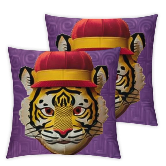 Animal Emoji Throw Pillow Cushion Cover, Happy Funny Tiger Face in Hat Circular Shapes Pattern Background, Decorative Square Accent Pillow Case Mustard and Pale Fuchsia