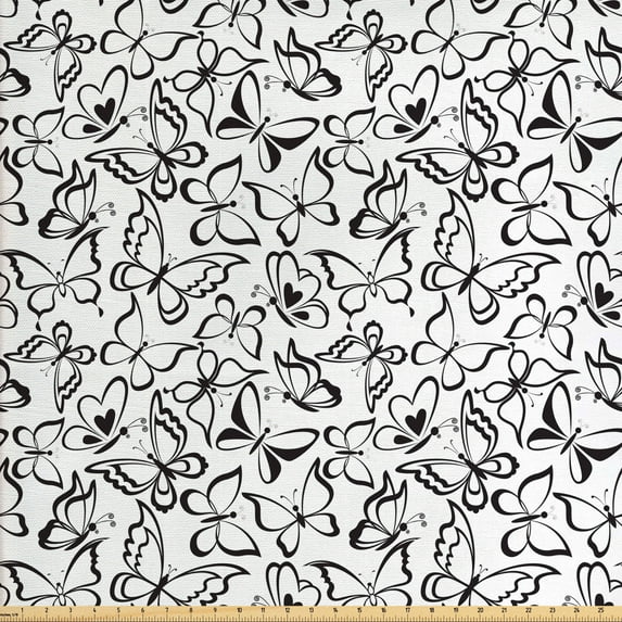 Ambesonne Animal Fabric by the Yard Upholstery, Butterfly and Freedom, 3 Yards, White and Black