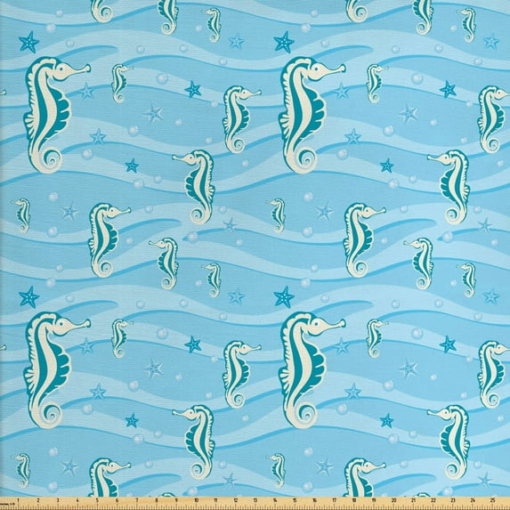 Ambesonne Animal Fabric by the Yard Upholstery, Cartoon Seahorses, 3 Yards, Blue