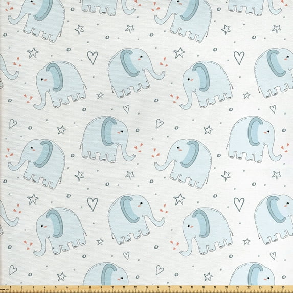 Ambesonne Animal Fabric by the Yard Upholstery, Animals Hearts Stars, 3 Yards, Pale Blue Cinnamon White