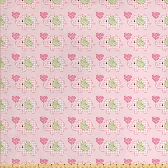 Ambesonne Animal Fabric by the Yard Upholstery, Dots Hearts Checkered, 3 Yards, Pistachio Green Pink
