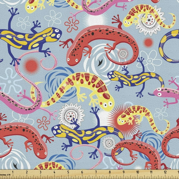 Animal Fabric by the Yard, Colorful Scene of Reptiles Lizards Crawling Along Flower Drawings, Decorative Upholstery Fabric for Sofas and Home Accents, Pale Blue Grey and Multicolor by Ambesonne