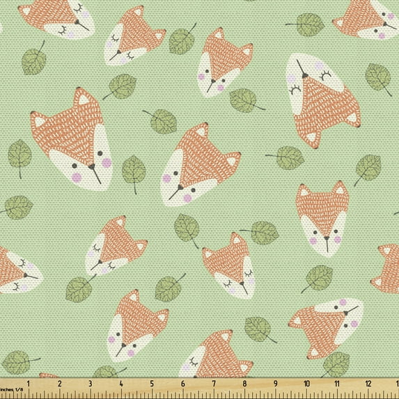 Ambesonne Animal Fabric by the Yard Upholstery, Scandinavian Like Forest Fox, 2 Yards, Pale Green Burnt Sienna
