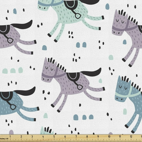 Ambesonne Animal Fabric by the Yard Upholstery, Galloping Horses and Dots, 3 Yards, Grey Pink Cadet Blue