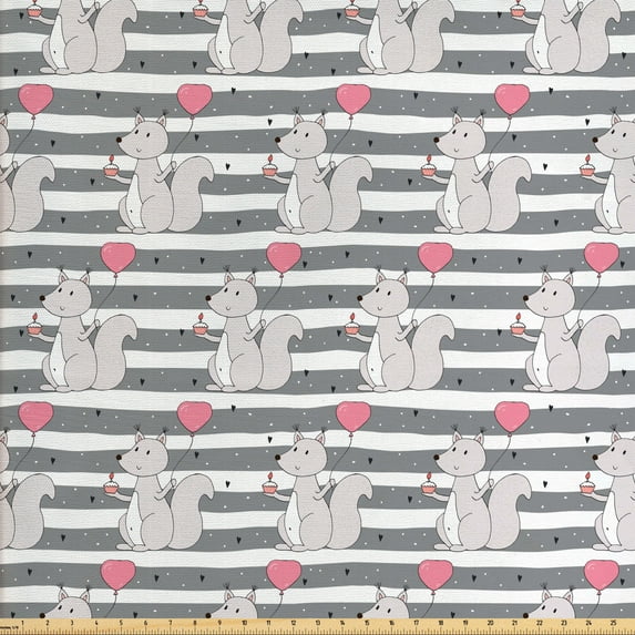 Ambesonne Animal Fabric by the Yard Upholstery, Squirrel with Birthday Cake, 10 Yards, Grey White and Pink