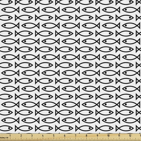 Ambesonne Animal Fabric by the Yard Upholstery, Abstract Fish Retro Art, 1 Yard, Black and White