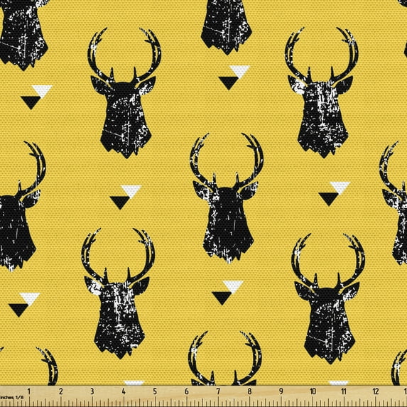 Animal Fabric by the Yard, Modern Deer Head Art Deco Like Antlers and Geometric Triangles Grunge, Decorative Upholstery Fabric for Sofas and Home Accents, Mustard and Charcoal Grey by Ambesonne