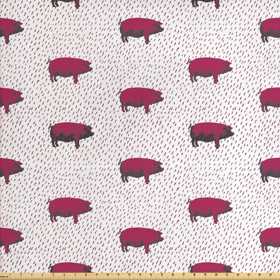 Animal Fabric by the Yard, Modern Pop Art Style Domestic Swine Pig Sketch and Uneven Diagonal Lines, Decorative Upholstery Fabric for Sofas and Home Accents, Dark Magenta and Taupe by Ambesonne