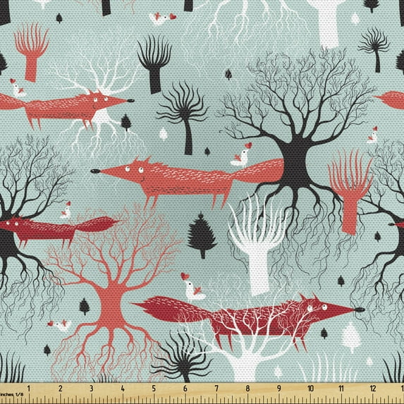 Animal Fabric by the Yard, Pattern of Birds and Foxes in the Woods, Decorative Upholstery Fabric for Sofas and Home Accents, Seafoam Burnt Sienna by Ambesonne