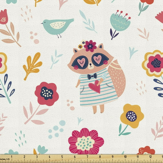 Animal Fabric by the Yard, Raccoon in Flower Field with Birds Heart Doodle Hand Drawn Design, Decorative Upholstery Fabric for Chairs & Home Accents, Multicolor by Ambesonne
