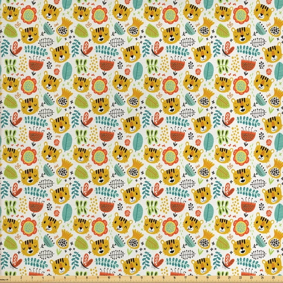 Animal Fabric by the Yard, Rhythmic Exotic Safari Items Tiger Head Leaves Motifs Print on Plain Backdrop, Decorative Upholstery Fabric for Chairs & Home Accents, White Multicolor by Ambesonne