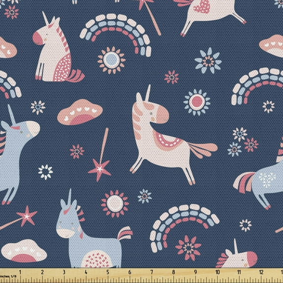 Ambesonne Animal Fabric by the Yard Upholstery, Unicorns and Rainbows, 2 Yards, Night Blue Multicolor
