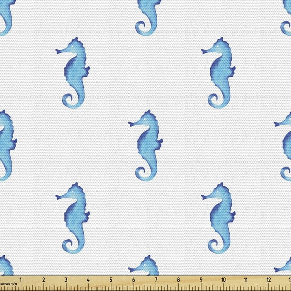 Ambesonne Ocean Fabric by the Yard Upholstery, Navy Fish Motif Sealife, 3 Yards, Turquoise White